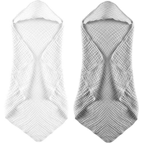 MUKIN Baby Hooded Towels, Muslin Cotton, 2-Pack, for Newborn, Infant, Toddler and Kids (White,Grey)