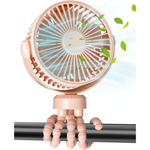 Stroller Fan, Battery Operated Clip On Portable Fan, 360°Rotate USB Rechargeable Personal Desk Fan, 3 Adjustable Wind speed, Detachable Twistable Tripod for Baby Stroller, Cot, Car Seat, Treadmill