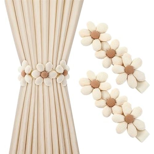 Flower Curtain Tiebacks 2Pcs Boho Curtain Ties Cute Daisy Curtain Holder Decorative for Home Office Drape Tie Backs (Beige)