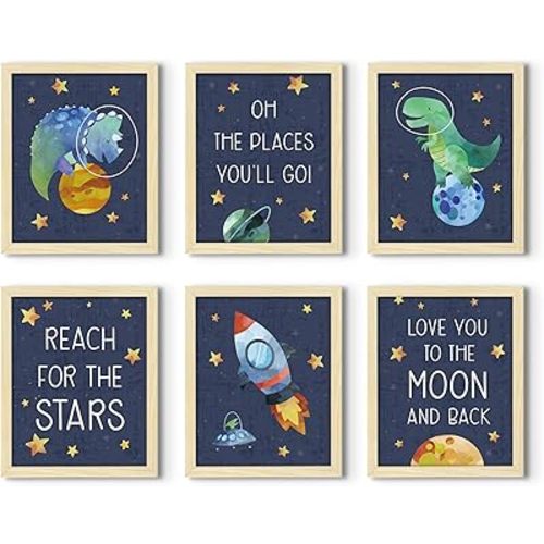 ArtbyHannah Framed Dinosaur Nursery Wall Decor, 8x10 inch Cute Baby Wall Art Room Decor for Kids, Dinosaur and Space Adventure Themed Artwork Print for Playroom Bedroom Baby Shower Decoration(4 Pack)
