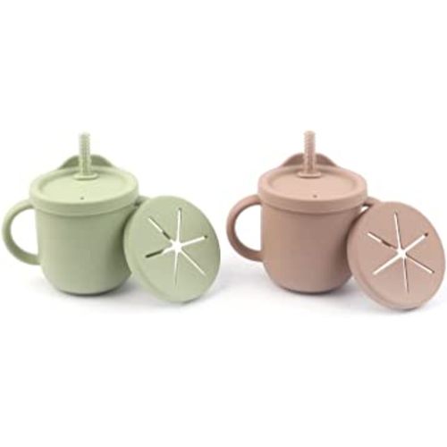 | Set of 2 Baby Toddler Silicone Cups | Cup With Teether Straw | Sippy Cup With Two Handles | Spill Proof Snack Cup | BPA free 8oz (Tan and Green)