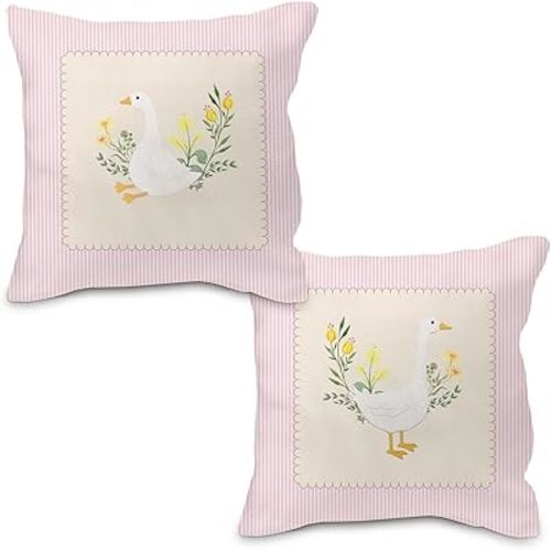 Goose Pillow Covers 18x18, Baby Girl Nursery Decor, Vintage Pink Striped Goose Decorative Throw Pillow Covers Pillowcase for Baby Girl Nursery Room Bedroom Decor, Set of 2