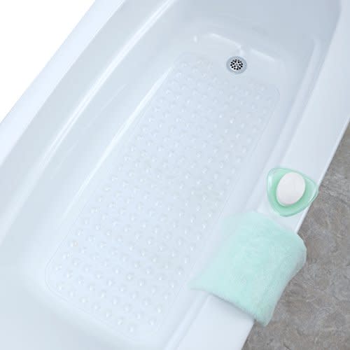 SlipX Solutions Power Grip Extra Long Bath Tub & Shower Mat 39x16, Wet Floor Non-Slip for Elderly & Kids Bathroom, 30% Longer Bathtub Mats, Over 200 Suction Cups, Drain Holes (1, Transparent)