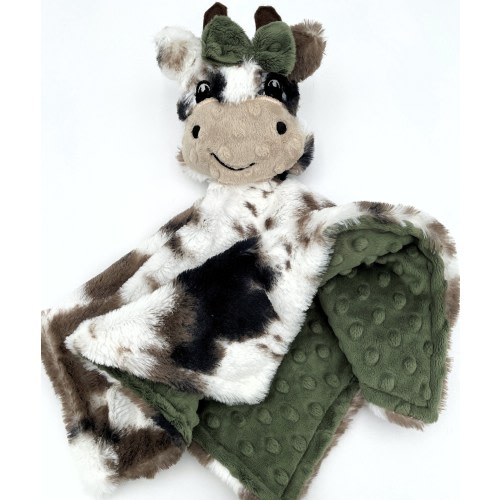 Minky Cow Lovey, Farm Theme Baby Blanket with Plush Cow Toy, Unique Baby/Toddler Gift, Great Travel Toy Blanket, AKA Security Blanket lovy