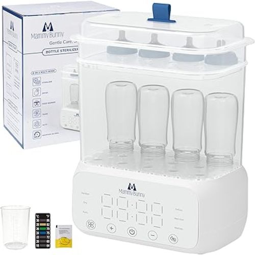 Mammy Bunny 3-in-1 Baby Bottle Sterilizer and Dryer – 6 Smart Modes with Fast Drying, Food Warmer & Storage – Fits 6–8 Bottles, Pacifiers & Pump Parts – BPA-Free