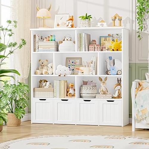 FINETONES Toy Storage Organizer, Large Toy Organizers and Storage with 4 Movable Drawers and 7 Storage Cubbies, Toy Chest Shelf Organizer with Hidden Wheels, Kids Bookshelf and Toy Storage, White