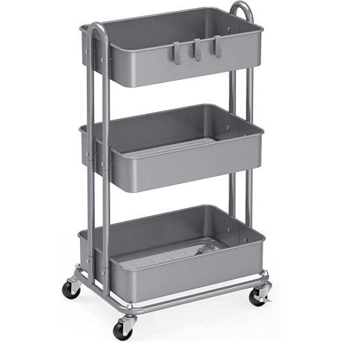 Simple Houseware 3-Tier Heavy Duty Metal Utility Rolling Cart, Silver