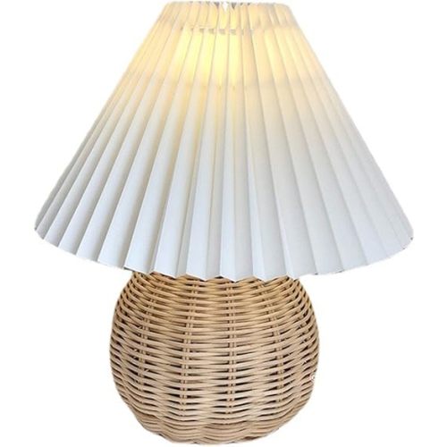 Small Table Lamp Bedside Nightstand Mini Lamp for Bedroom Living Room Side Table Rattan Pleated Aesthetic Vintage Lamp