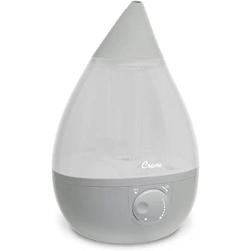 Crane Ultrasonic Teardrop Cool Mist Humidifier, Large 1 Gal Tank, Automatic Shut-Off, Baby Humidifiers for Nursery and Bedroom, Grey