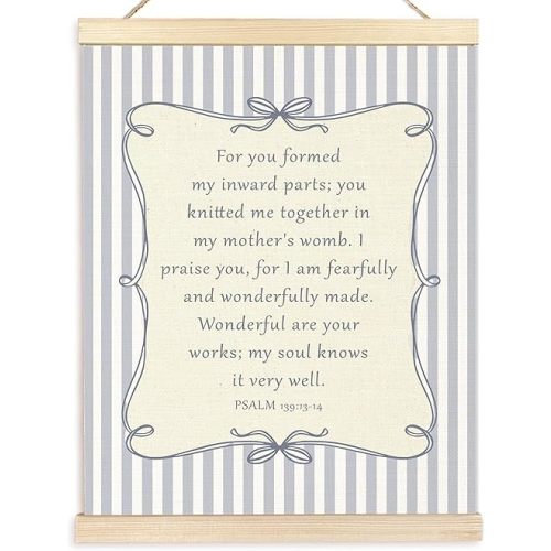 BESERH Trendy Christian Wall Art Posters, Psalm 139:13-14 Bible Verse Wall Decor, Christian Room Home Decor, Coquette Bow Blue Striped Religious Canvas Prints Artwork Framed, 12x16 Inch