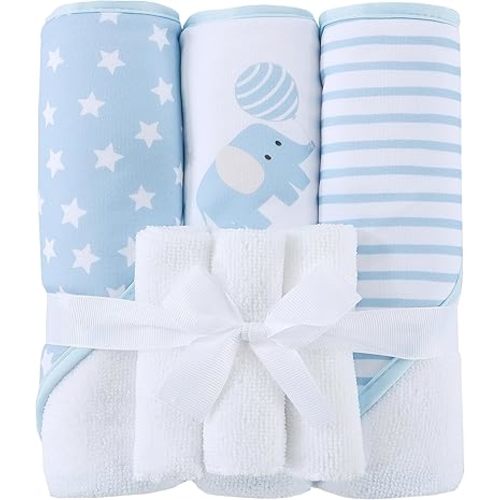 Viviland 6 Pcs Hooded Baby Towels and Washcloths Set, Super Gentle Bath Towels for Newborn Face & Body, Absorbent Wash Cloth for Infants Boys, Blue-Elephant Pattern, 28 x 28 inch