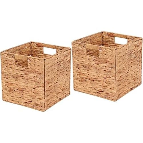LYJWOO6D Wicker Storage Cubes Foldable Handwoven Water Hyacinth Storage Baskets Wicker Storage Baskets,Rectangular Laundry Organizer Totes for Shelves,Set of 2 Pcs Baskets-11x11x11inch