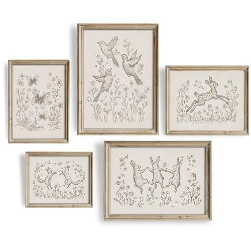 5Pcs Vintage Woodland Animals Nursery Wall Art Cute Fox Bunny Deer and Butterfly Pictures Wall Decor Cottagecore Neutral Farmhouse Children Poster Painting Print for Kids Babys Room Grils Bedroom