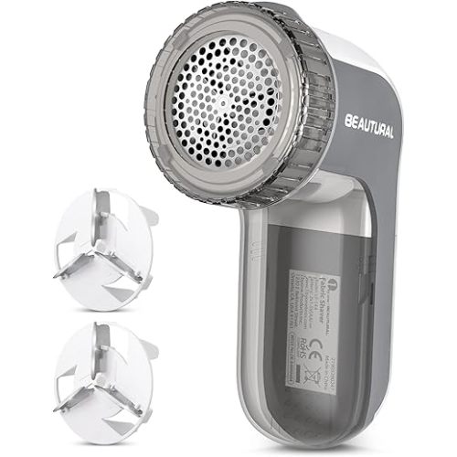 BEAUTURAL Fabric Shaver and Lint Remover, Sweater Defuzzer with 2-Speeds, 2 Replaceable Stainless Steel Blades, Battery Operated, Remove Clothes Fuzz, Lint Balls, Pills, Bobbles Gray