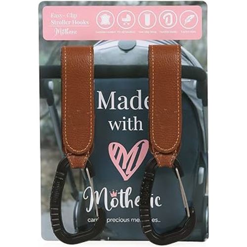 Genuine Leather Stroller Hook by Motheric - Baby Stroller Leather Hooks, Stroller Hooks for Diaper Bags, Leather Stroller Clips - 2Pcs -Stroller Hooks for Hanging - Brown