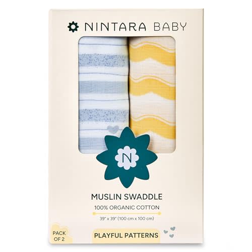 NINTARABABY Swaddles for Newborns - 100% Organic Premium Muslin Cotton, 39" x 39", Ultra-Soft, Breathable, Lightweight, Multipurpose, Unisex, Hypoallergenic, Gifts for 0-3 Months, Pack of 2