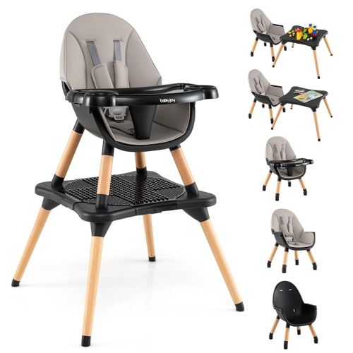 BABY JOY 6 in 1 High Chair, Convertible High Chairs for Babies and Toddlers/Booster Seat/Table and Chair Set, Infant Wooden Highchair w/ 5-Point Harness, 4-Position Removable Tray & PU Cushion (Black)