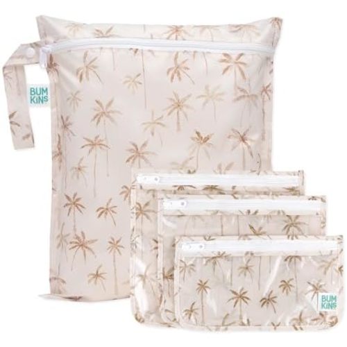 Bumkins Waterproof Wet Bag and Packing Pouches, TSA Airline Compliant, Pack for Baby, Travel, Swim Suit, Cloth Diapers, Pump Parts, Pool, Gym Clothes, Toiletry, Daycare, Zip Bag, 4-pc Set Palm Trees