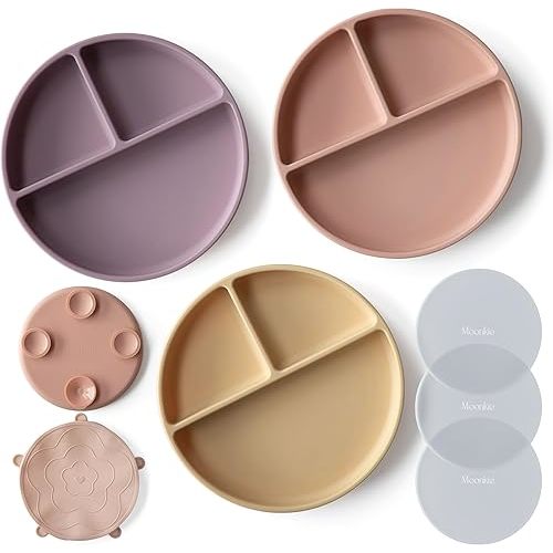 Moonkie Suction Plates for Baby | 100% Silicone BPA-Free Baby Plates with Lids and Food Cover | Divided Design | Microwave and Dishwasher Safe | Toddler Plates 3 Pack