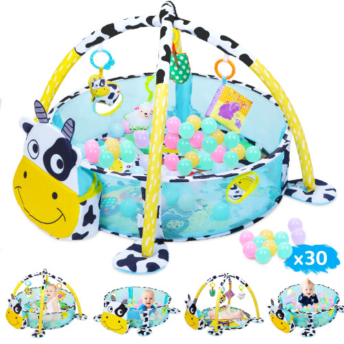 Vomeast Baby Play Gym Mat, Floor Play with 4 Toys, 30 Balls, Activity Mat for Infants (Cartoon Cows)