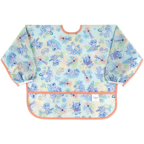 Bumkins Disney Sleeved Bib for Girl or Boy, Baby and Toddler for 6-24 Mos, Essential Must Have for Eating, Feeding, Baby Led Weaning Supplies, Long Sleeve Mess Saving Food Catcher, Aloha Stitch