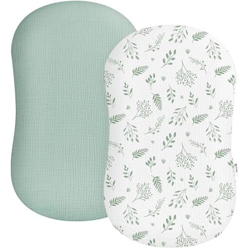 Muslin Baby Lounger Cover 2 Pack, Soft Breathable Newborn Lounger Pillow Cover for Boys Girls Infant (Leaf C & Sage)