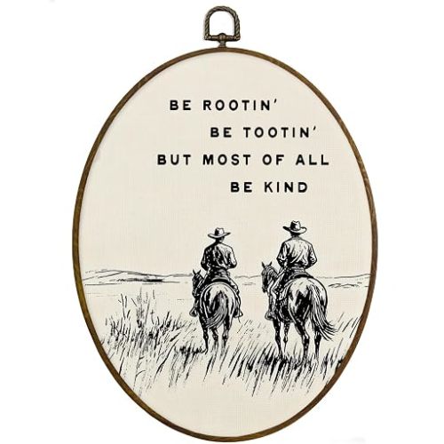 MAQIKA Vintage Western Cowboy Framed Oval Wall Art Decor, Rustic Western Oval Wall Hanging Decor, Country Cowboy Riding Horse Canvas Prints Wall Art for Home Bedroom Living Room, 8.7x11.3 Inch