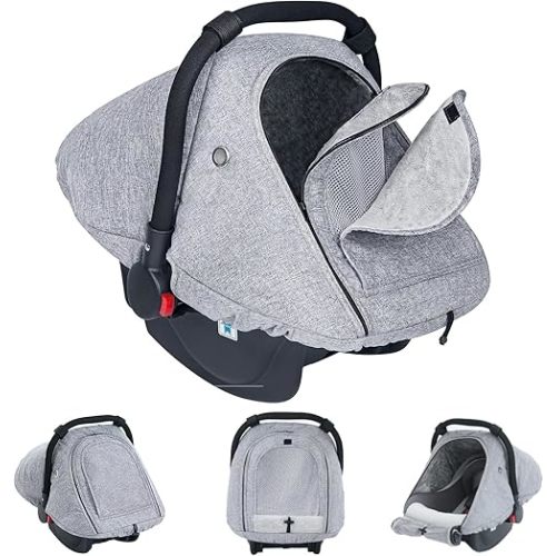 TSAYAWA Baby Car Seat Cover Winter, Warm Cozy Carseat Cover for Babies with Mesh Window Breathable, Full Protection Infant Car Seat Covers for Boys Girls, Windproof Newborn Car Seat Canopy, Gray