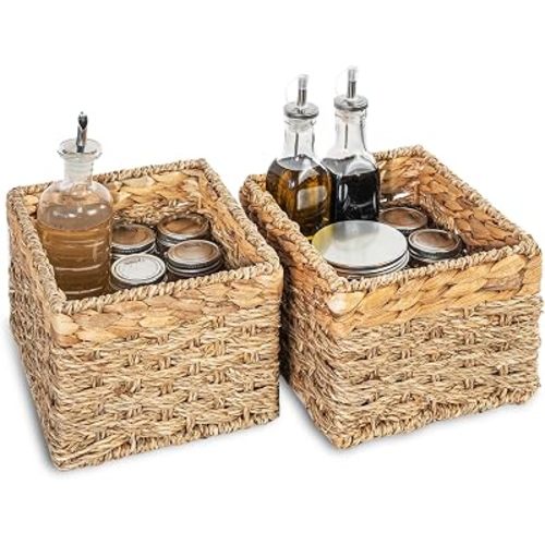 Small Wicker Storage Baskets Set of 2, Natural Seagrass and Hyacinth Woven Cube Storage Basket for Organizing Shelves, Living Room, Pantry, Decorative, 8 x 7 x 5.5 Inches