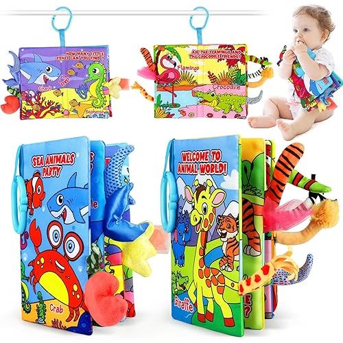 Soft Baby Books for 0-18 Months, 2PCS Crinkle Cloth Books - Forest and Ocean Themes, Tummy Time Toys for Infants 0-6-12-18 Months, Sensory Books for Babies, Ideal Christmas