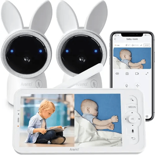 ARENTI Split-Screen Baby Monitor 2 Cameras, Audio Monitor with Two 2K UHD WiFi Cameras,720P 5" Color Display,Night Vision,Cry Detection,Motion Detection,Temp&Humidity Sensor,Two Way Talk,App Control