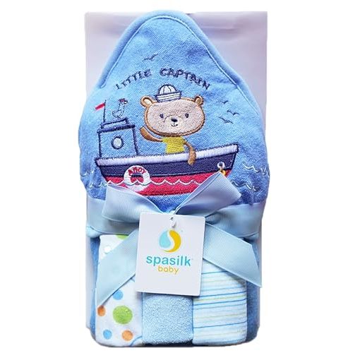 Spasilk Hooded Bath Towel and Washcloths Set for Newborns, 1 Soft Terry Baby Towel and 3 Baby Washcloths, Baby Essentials, Ideal, One Size, Blue Sailor