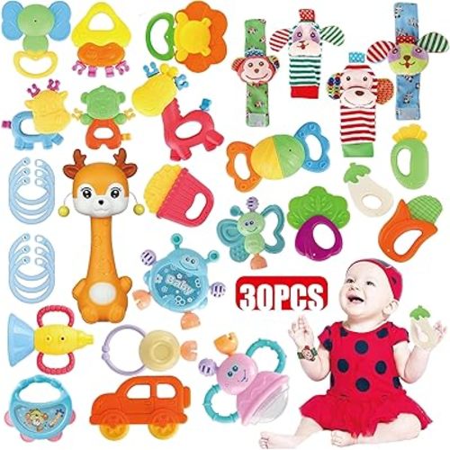Cocurb 30 Pcs High Contrast Baby Toy Gift Set for Infants - Rattles, Teething Toys & Wrist Socks - Suitable for 6-12 Months - Perfect Baby Toys for Boys and Girls