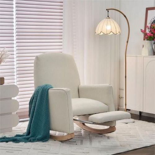 Modern Wooden Rocking Lounge Chair,beige Teddy Fabric Rocking Chair With Pockets,comfy Accent Arm Chair With Solid Wood Legs,leisure Chairs-cuddlewood