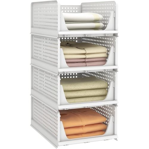 Pinkpum Stackable Plastic Storage Basket, Foldable Closet Organizers and Storage Bins 4 Pack Drawer Shelf Storage Container for Wardrobe Kitchen Bathroom Office Dorm White