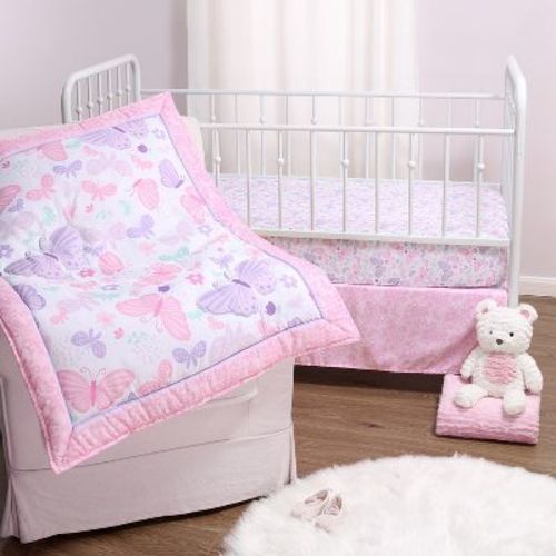 The Peanutshell Butterfly Song Crib Bedding Set For Baby Girls, 3-piece Nursery Set In Pink|purple
