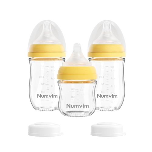 Natural Glass Baby Bottle Gentle & Extra Slow Flow, Without Lead Body,Newborn Breastfeeding Bottle with Anti Colic Nipple for 0 Months Babies, 3 Packs, (Yellow, 3oz+5oz)