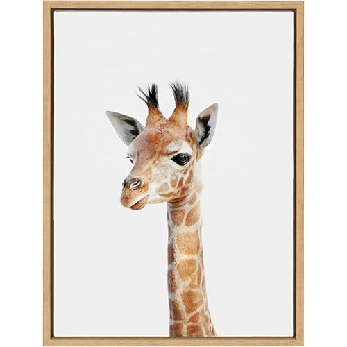 Kate and Laurel Sylvie Baby Giraffe Animal Print Portrait Framed Canvas Wall Art by Amy Peterson, 18x24 Natural