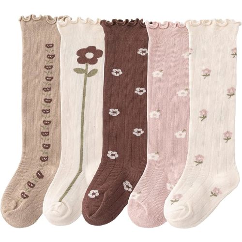 CHUNG Toddler Baby Girls Knee Hight Stocking Cotton Socks 0-7Years Solid Color Bowknot Thin Spring Summer - 3-12 Months - 5 Pairs Floral