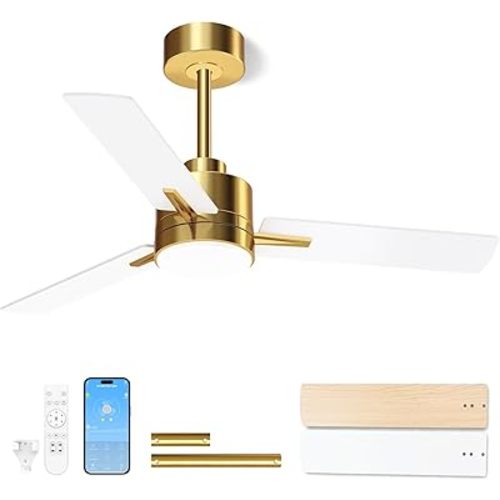 LANMEL 42'' Ceiling Fan with Lights and Remote, Low Profile Modern Ceiling Fan Gold, 6 Speed, Reversible, 3000k-6000k LED, Quiet DC Motor for Indoor Outdoor Bedroom Living Room
