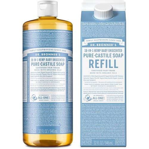 Dr. Bronner’s Pure-Castile Liquid Soap Bottle & Refill Carton - Made with Regenerative Organic Certified Oils, 82% Less Plastic-18-in-1 Uses for Face, Body Wash, Hand Soap Refill- Baby Unscented,32 oz