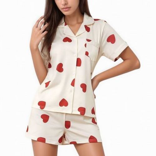 Anna-Kaci Lounge Women's Heart Print Short Sleeve Pajama Set with Chest Pocket and Button Down Top