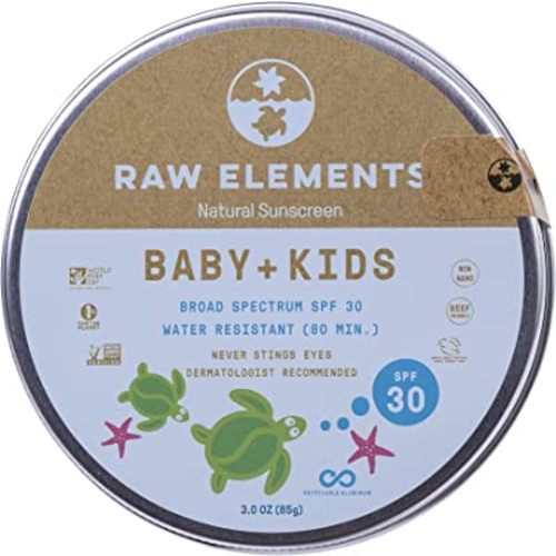 Raw Elements Baby + Kids SPF 30 Organic Sunscreen Lotion Non-Nano Zinc Oxide, Reef-Safe, Cruelty-Free, Gentle and Moisturizing, Zero Waste Tin, 3oz