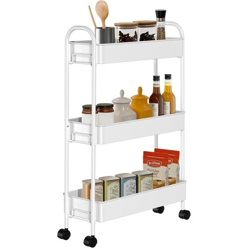 Slim Rolling Cart, Metal Frame Utility Rolling 3-Tier Narrow Storage Cart with Handle Kitchen Storage Organizer, Mobile Shelving Unit for Bathroom Kitchen
