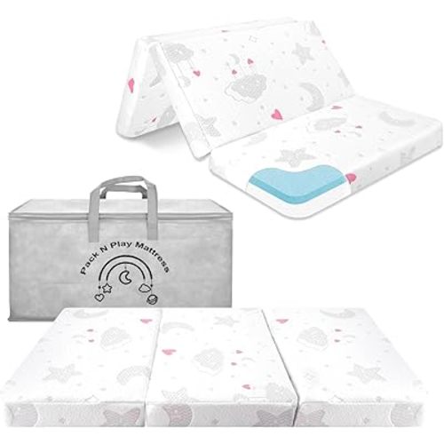 Trifold Pack and Play Mattress Pad, 38"x26" Memory Foam Dual Sided Pack N Play Mattresses for Baby Toddler, Portable Foldable Travel Crib Mattress for Pack N Play Playpen with Carry Bag