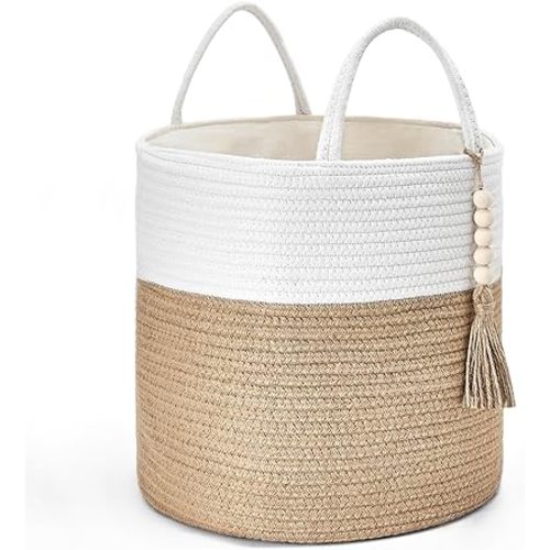 Mkono Woven Storage Basket Decorative Rope Basket Wooden Bead Decoration for Blankets,Toys,Clothes,Shoes,Plant Organizer Bin with Handles Living Room Home Decor, 11" W x 11" L,White and Yellow