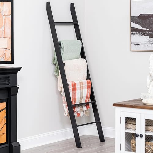 Blanket Ladder for Living Room and Bedroom, 5ft 8 inch, 6-Tier Wall Leaning Laminate Snag Free Construction (Black) Rustic Decorative Farmhouse Blanket Storage, Quilt Rack, Ladder Shelf, Easy Assembly