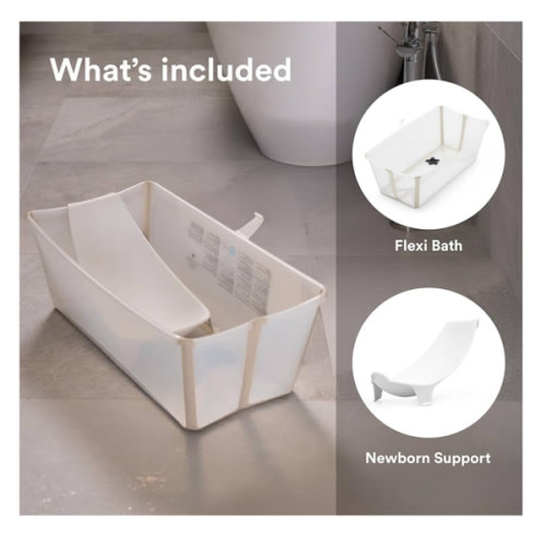 Stokke Flexi Bath Bundle, Sandy Beige - Foldable Baby Bathtub + Newborn Support - Durable & Easy to Store - Convenient to Use at Home or Traveling - Best for Newborns & Babies Up to 48 Months