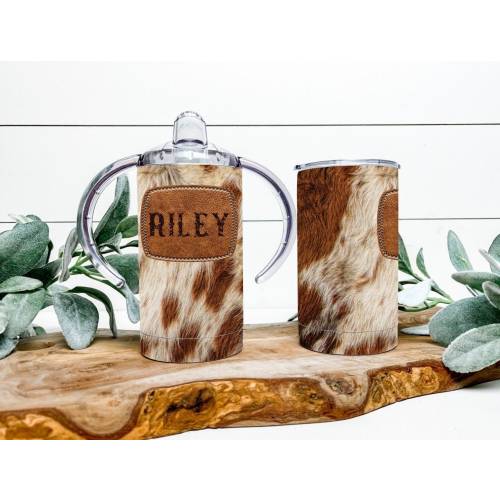 12oz Personalized Cowhide Sippy Tumbler, Custom Cow Print Sippy Cup, Cowboy Sippy Cup, Cowgirl Sippy Cup, Baby Shower Gift, Western Tumbler