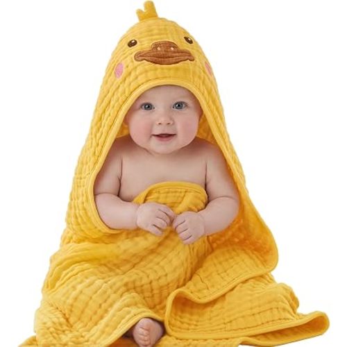 Blissful Diary Muslin Baby Hooded Towel 1 Pack, Soft & Absorbent Bath Towel for Infant, Toddler, Unisex, Baby Gift, Newborn Essentials, Sunny Duck